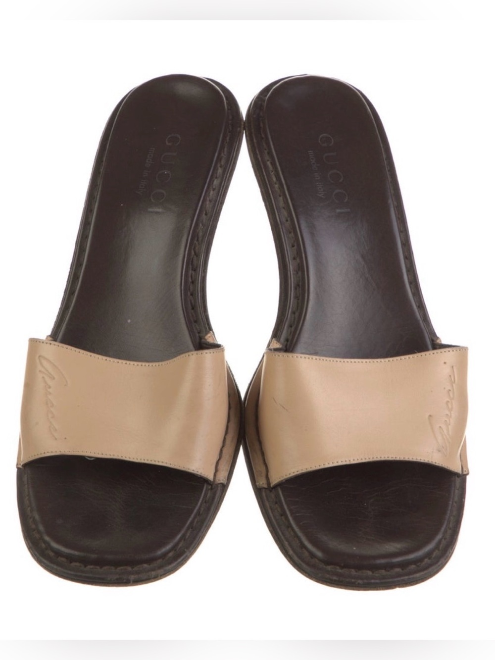 Gucci Beige and Brown Leather Slide Mules